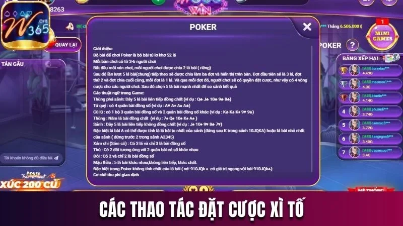 Poker W365 - Bật Mí Quy Luật Và Mẹo Chơi Hiệu Quả 2025 2 Các thao tác cược trong Xì tố