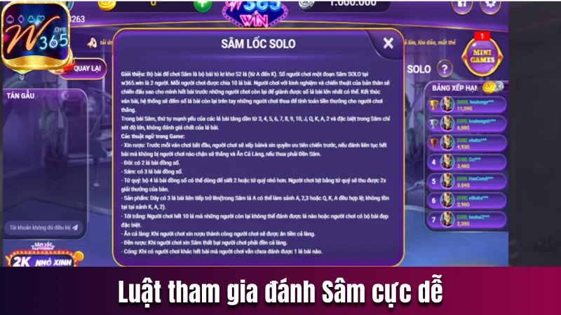 Sâm Lốc W365 - Sản Phẩm Game Bài Trực Tuyến Hot Nhất 2 Luật tham gia đánh Sâm cực dễ đối với mọi thành viên